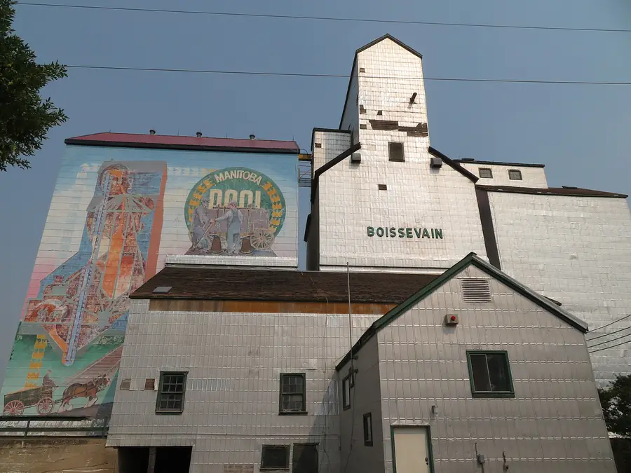 Grain elevators with a painted mural in Boissevain, Manitoba